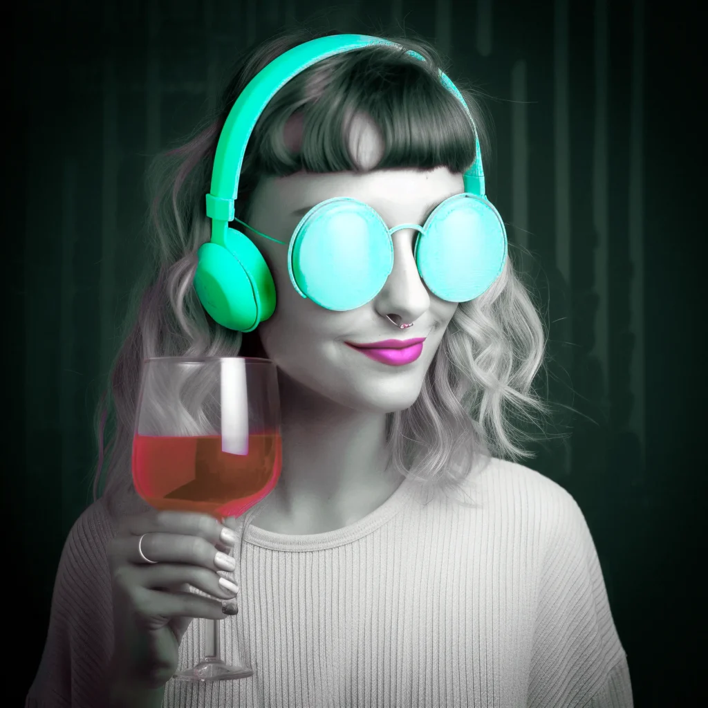 Portrait artistique d'une femme avec casque audio et lunettes vertes
